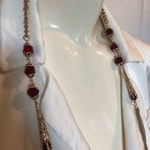 Multi tier layered long necklace chain, red beads, gold dress jewellery, - Picture 2 of 5